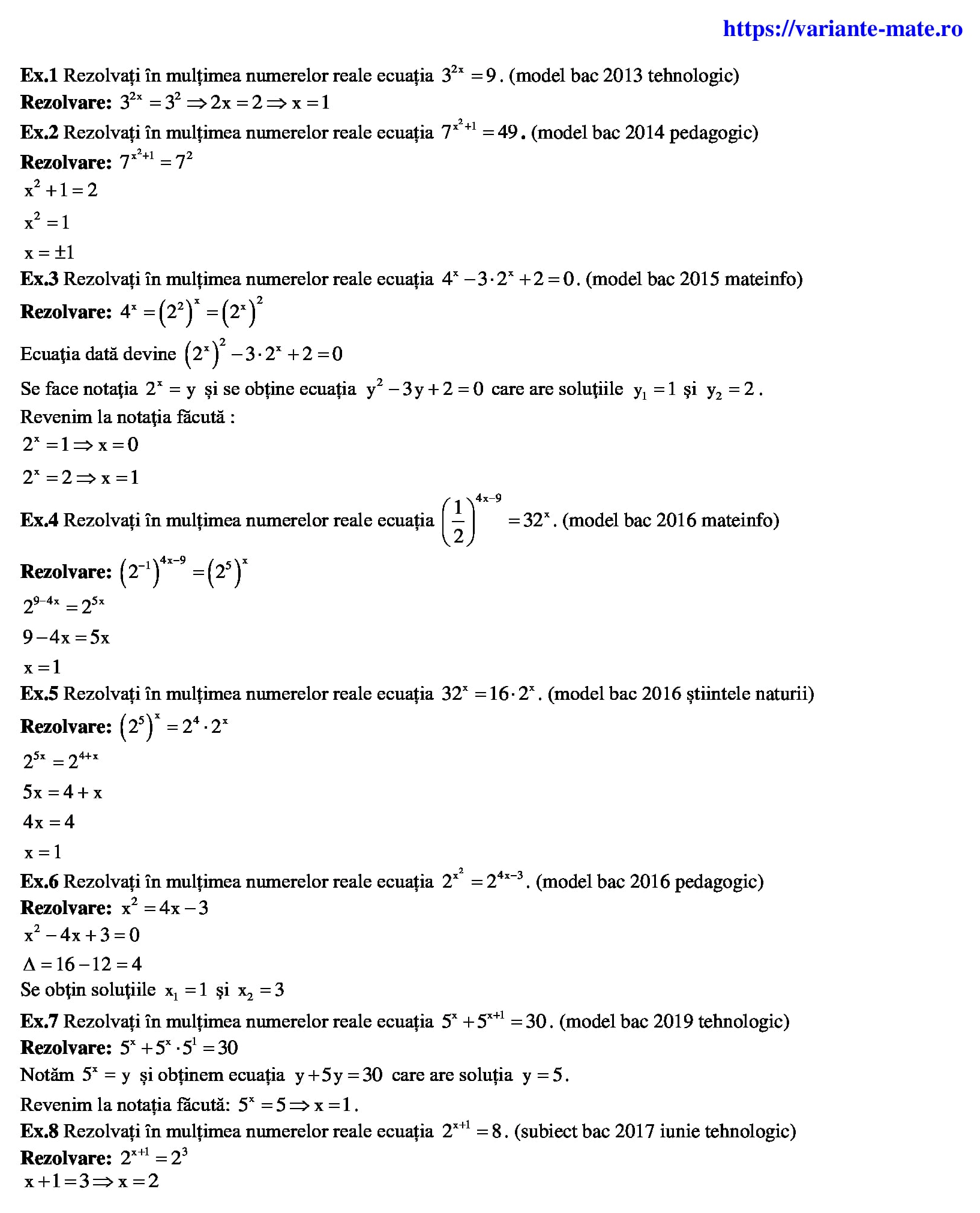 Ecuatii exponentiale rezolvate din variantele de bac matematica