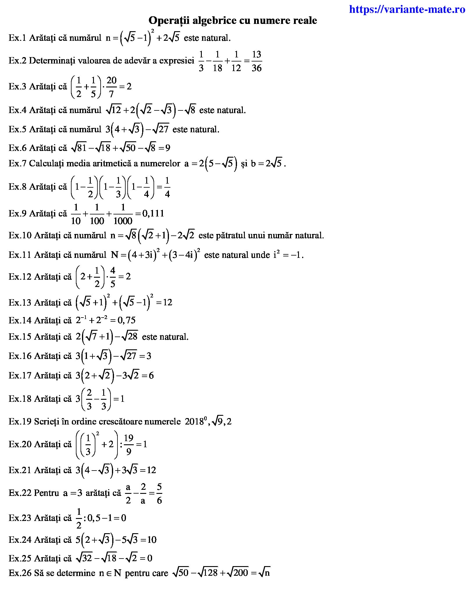 Operatii algebrice cu numere reale din variantele de bac